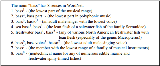 The noun "bass" has 8 senses in WordNet. 
I. bassi - (the lowest part of the musical range) 
2. bass2, bass partl - (the lowest part in polyphonic music) 
. base, bassol - (an adult male singer with the lowest voice) 
sea bassi, bass - (the lean flesh of a saltwater fish of the family Serranidae) 
4. 
5. freshwater bassi , bass - (any of various North American freshwater fish with 
lean flesh (especially of the genus Micropterus)) 
6. bass6, bass voicel , bass02 - (the lowest adult male singing voice) 
7. bass' - (the member with the lowest range of a family of musical instruments) 
. bass* - (nontechnical name for any of numerous edible marine and 
freshwater spiny-finned fishes) 