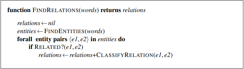 function FINDRELATIONS(words) returns relations 
relations 4— nil 
entities 4— FINDENTITIES(words) 
forall entity pairs (el , e2) in entities do 
if , e2) 
relations -e relations+CLASSIFYRELATION(e/ , e2) 