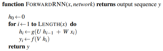 function FORWARDRNN(x, network) returns output sequence y 
for if— I to LENGTH(x) do 
hi—I + 
hi) 
return y 